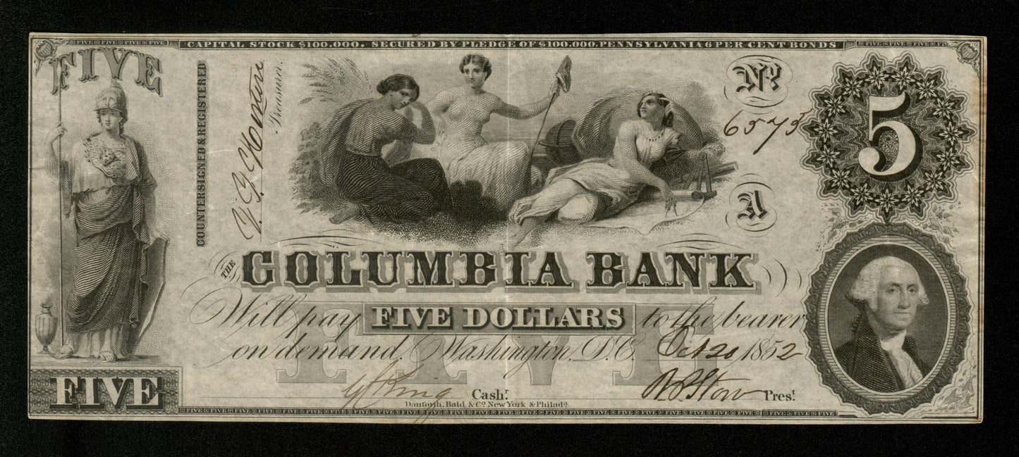 ÉTATS UNIS D'AMÉRIQUE - USA - Obsolete, Columbia Bank Washington - 5 Dollars $5 1852 (1850's) SUP / XF