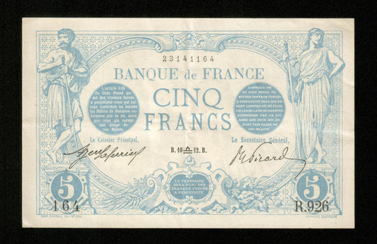 FRANCE - 5 Francs Bleu 1912 F.02.09 Pick 70 pr.SUP / XF-