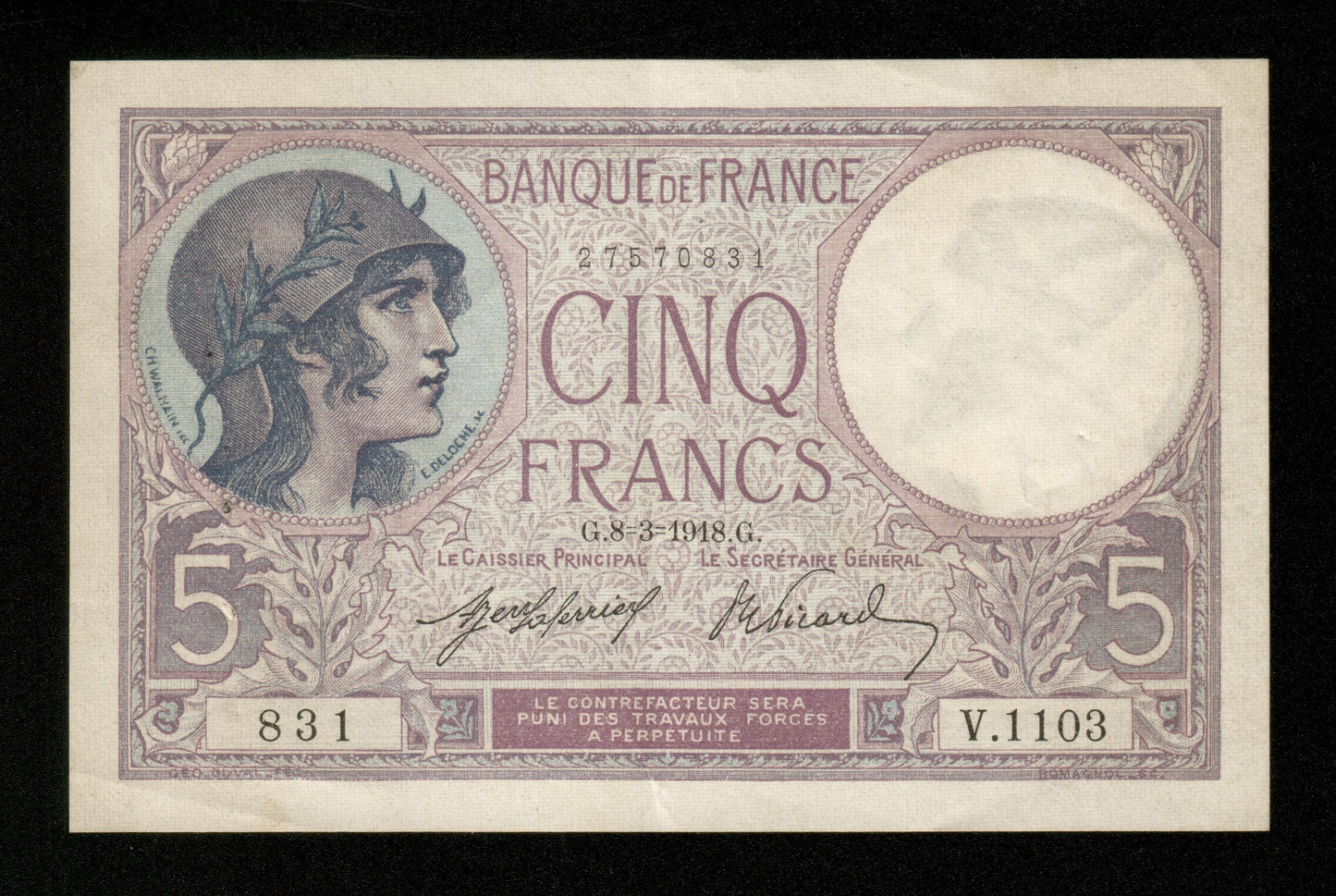 FRANCE - 5 Francs Violet 1918 F.03.02 Pick 72a pr.SUP / XF-