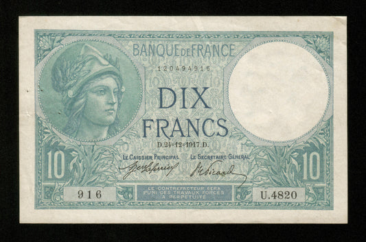 FRANCE - 10 Francs Minerve 1917 F.06.02a Pick 73a TTB+ / VF+