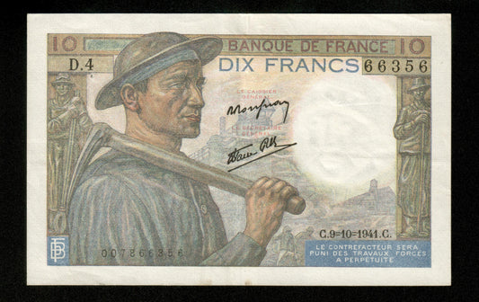 FRANCE - 10 Francs Mineur 1941 F.08.02 Pick 99b TTB / VF