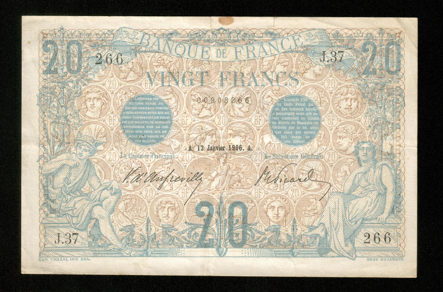 FRANCE - 20 Francs Bleu 1906 F.10.01 Pick 68a TTB / VF