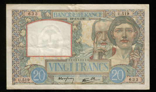 FRANCE - 20 Francs Science et travail 1940 F.12.03 Pick 92a TTB / VF