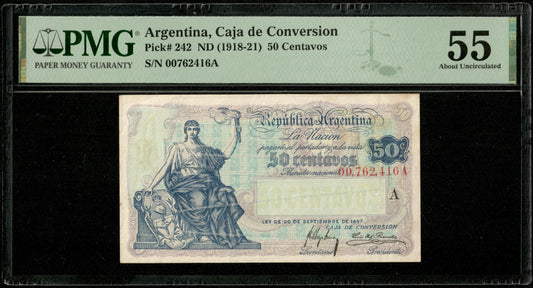 ARGENTINE - ARGENTINA, Caja de Conversión - 50 Centavos 1897 (1918-1921) Pick 242 SPL  / PMG AU 55