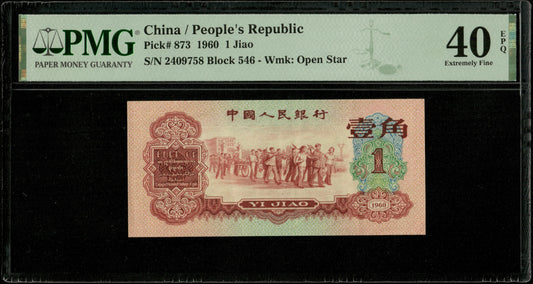 CHINE - CHINA - Peoples Republic, 1 Jiao 1960 Pick 873 PMG XF 40 EPQ