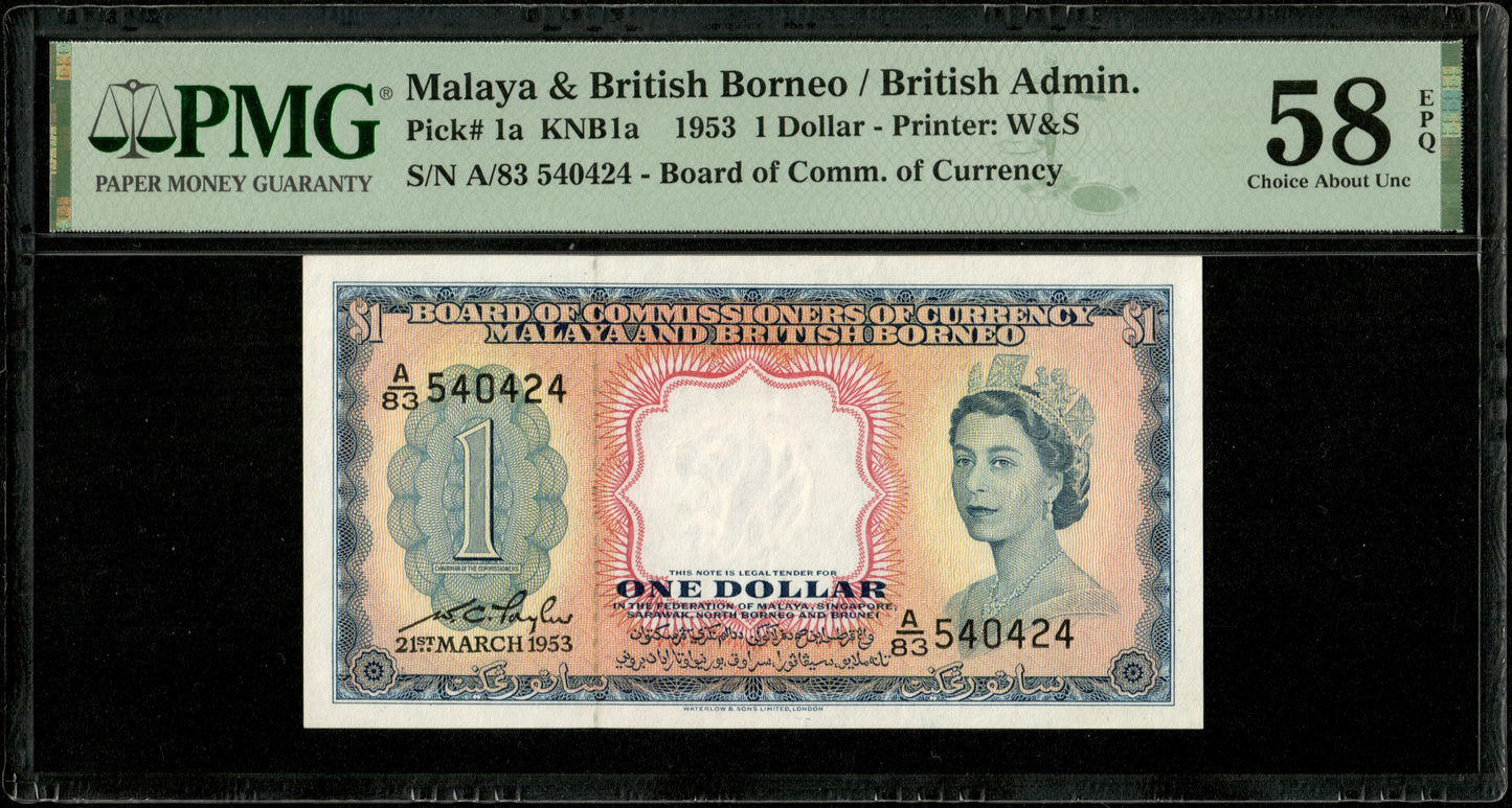 MALAYA & BRITISH BORNEO - 1 Dollar 1953 Pick 1a PMG Choice AU 58 EPQ