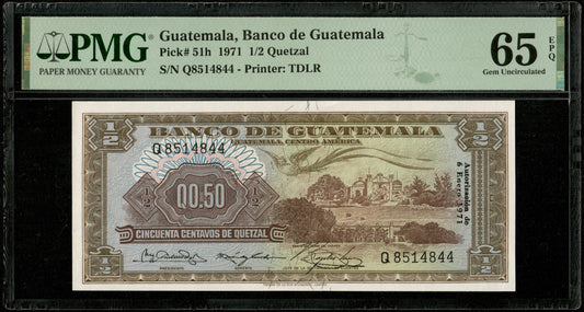 GUATEMALA - 1/2 Quetzal 1971 Pick 51h NEUF / PMG Gem Unc 65 EPQ