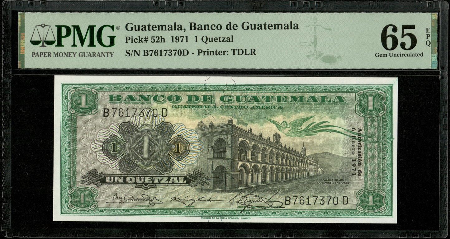 GUATEMALA - 1 Quetzal 1971 Pick 52h NEUF / PMG Gem Unc 65 EPQ