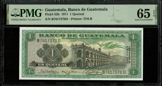 GUATEMALA - 1 Quetzal 1971 Pick 52h NEUF / PMG Gem Unc 65 EPQ