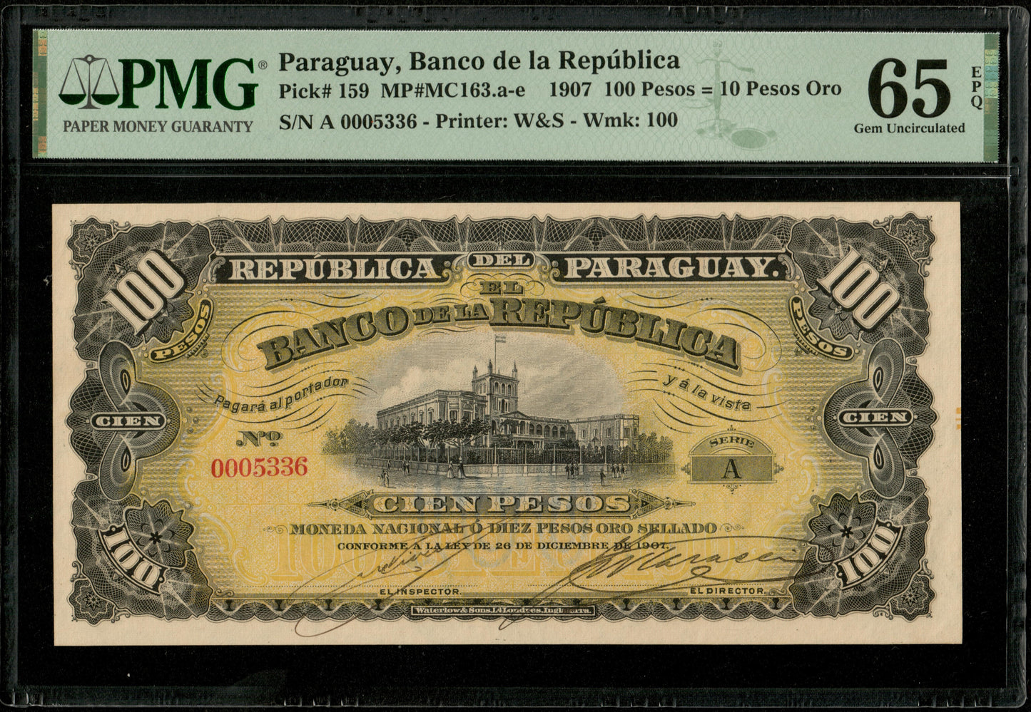 PARAGUAY - 100 Pesos 1907 Pick 159 NEUF / PMG Gem Unc 65 EPQ