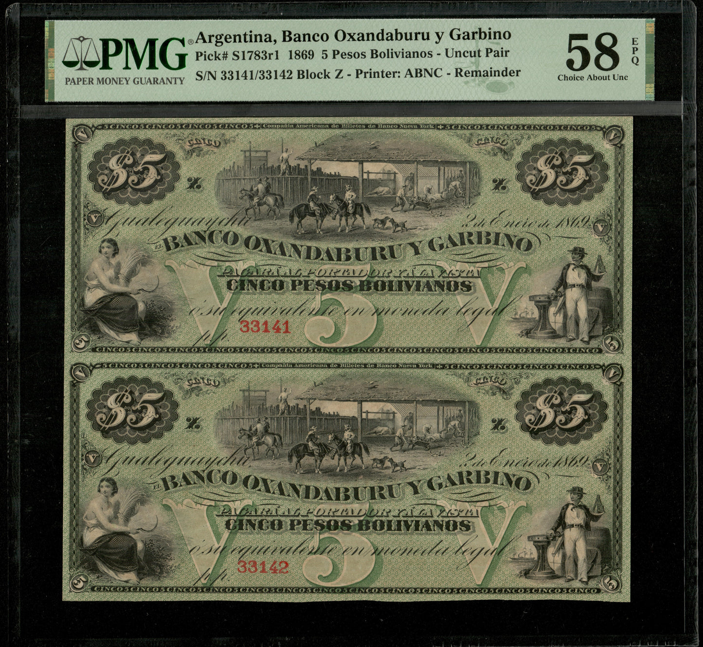 ARGENTINA - Banco Oxandaburu y Garbino, 5 Pesos Bolivianos Uncut Pair Remainder 1869 Pick S1783r1 PMG Choice AU 58 EPQ