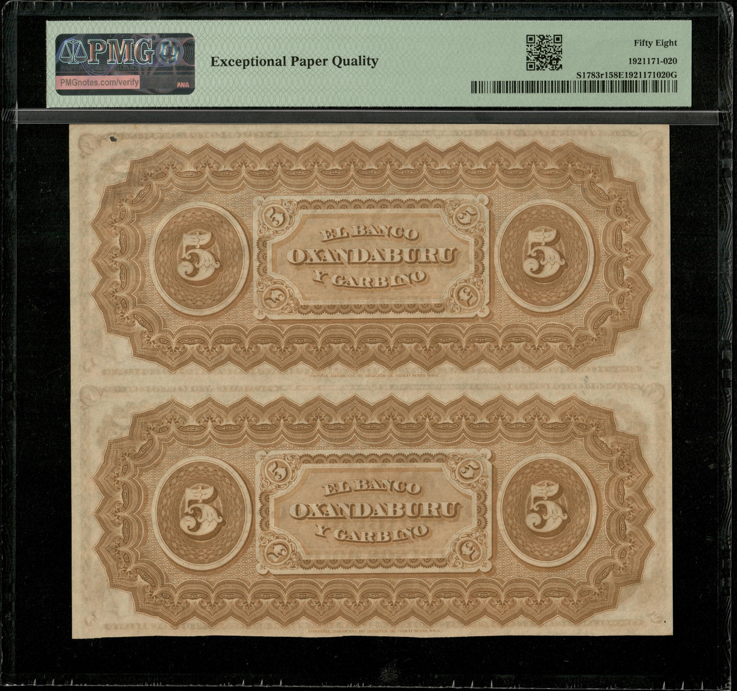 ARGENTINA - Banco Oxandaburu y Garbino, 5 Pesos Bolivianos Uncut Pair Remainder 1869 Pick S1783r1 PMG Choice AU 58 EPQ