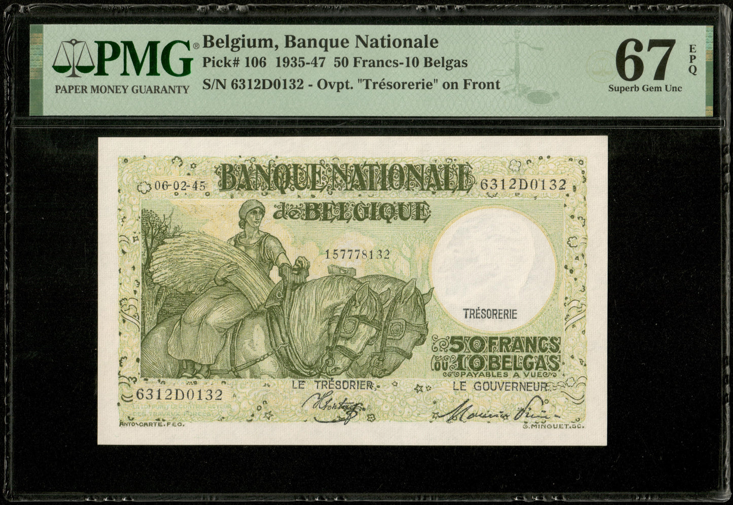 BELGIQUE - BELGIUM - 50 Francs = 10 Belgas 1945 (1935-1947) Pick 106 PMG Superb Gem Unc 67 EPQ TOP POP