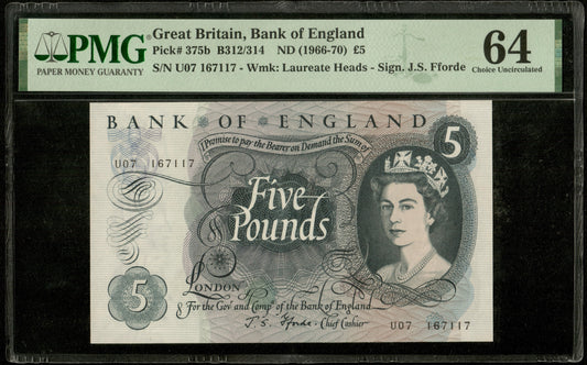 GRANDE BRETAGNE - Bank of England, 5 Pounds (1966-1970) Pick 375b NEUF / PMG Choice Unc 64