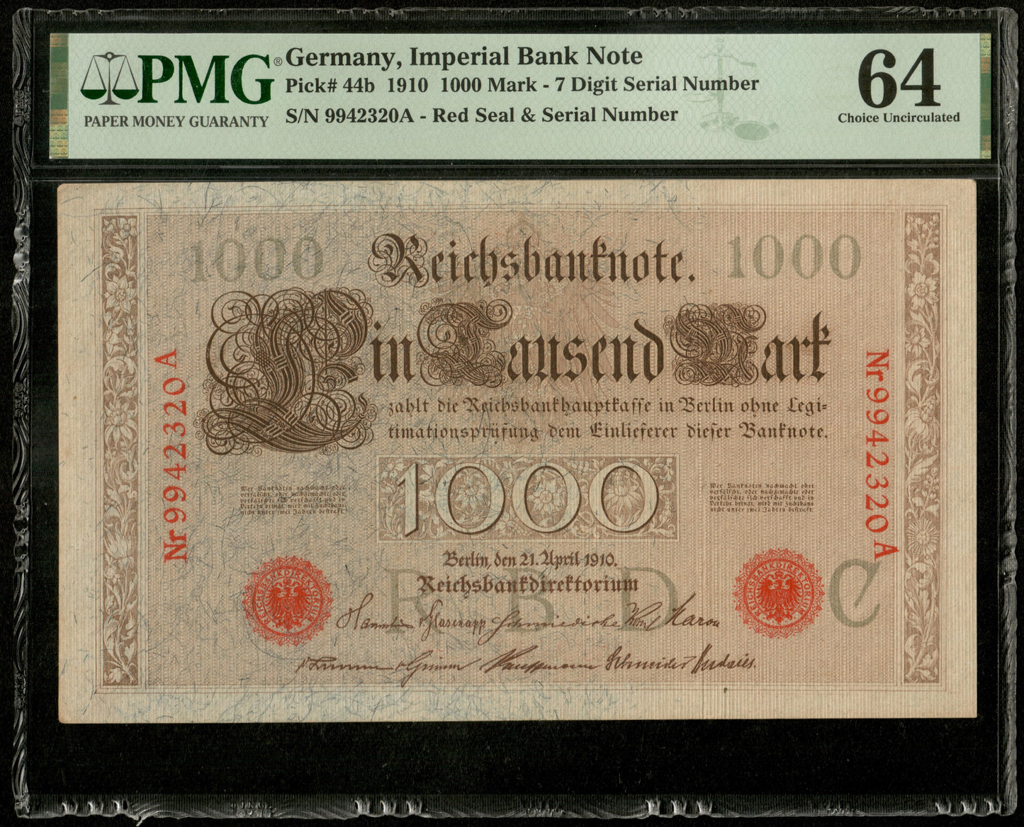 ALLEMAGNE - GERMANY - 1000 Mark 1910 Pick 44b NEUF / PMG Choice Unc 64