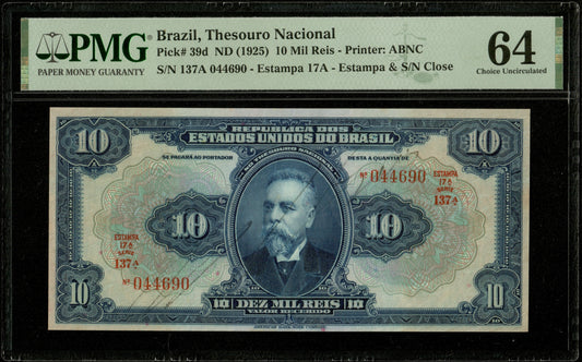 BRÉSIL - BRAZIL, Thesouro Nacional - 10 Mil Reis (1925) Pick 39d NEUF / PMG Choice Unc 64