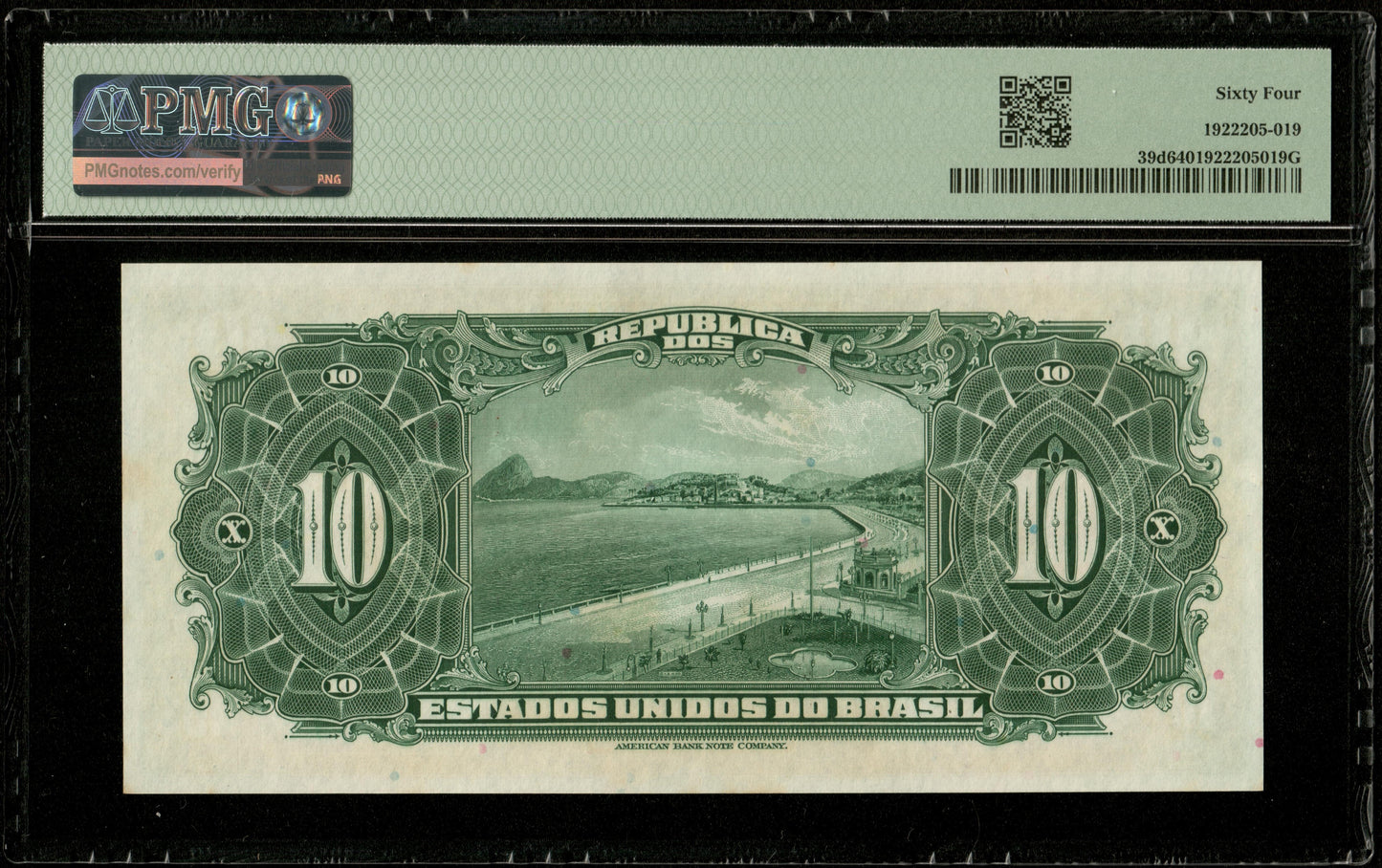 BRÉSIL - BRAZIL, Thesouro Nacional - 10 Mil Reis (1925) Pick 39d NEUF / PMG Choice Unc 64