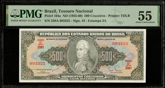 BRÉSIL - BRAZIL - 500 Cruzeiros (1955) Pick 164a PMG AU 55