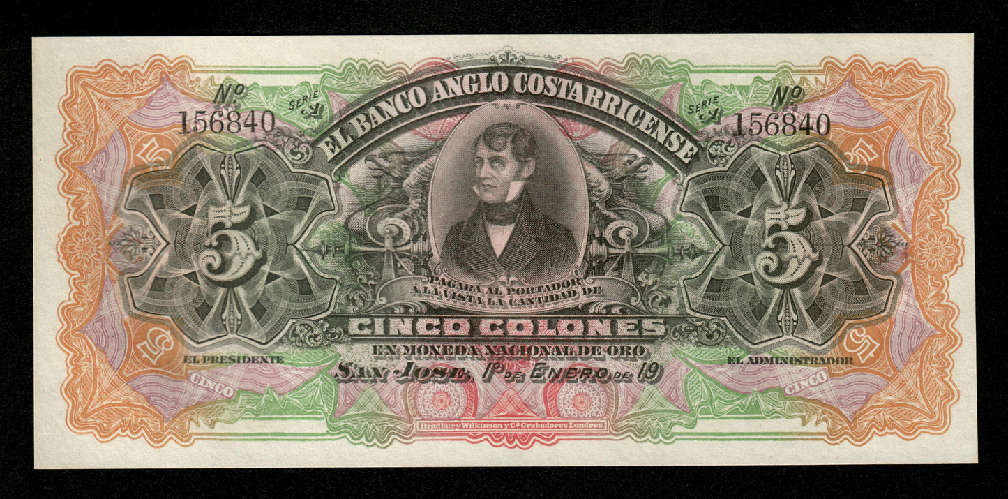 COSTA RICA - Banco Anglo Costarricense, 5 Colones (1917) Pick S122r NEUF / UNC