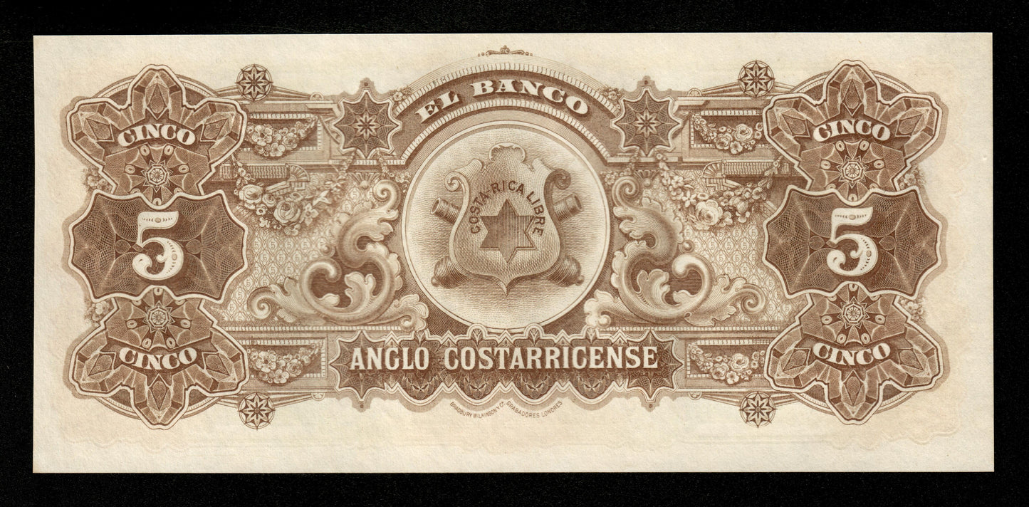 COSTA RICA - Banco Anglo Costarricense, 5 Colones (1917) Pick S122r NEUF / UNC