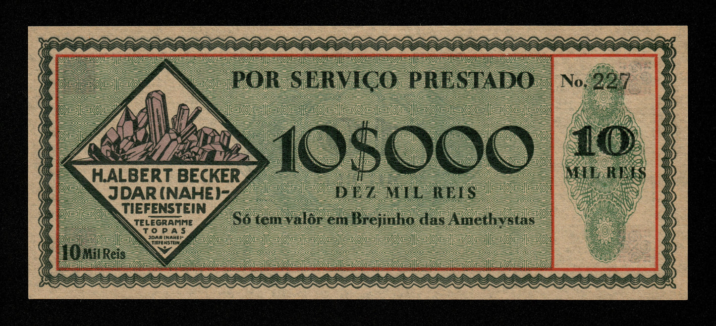 BRÉSIL - BRAZIL - Private German Company : 10 Mil Reis H.Albert Becker Idar (Nahe)-Tiefenstein (1918) NEUF / UNC