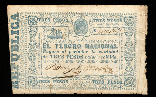 PARAGUAY - Tesoro Nacional, 3 Pesos (1865) Pick 23 TB / Fine