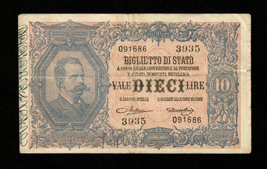 ITALIE - ITALY - Biglietto di Stato, 10 Lire 1888 (1923) Pick 20h Maltese & Rossolini TB+ / Fine+