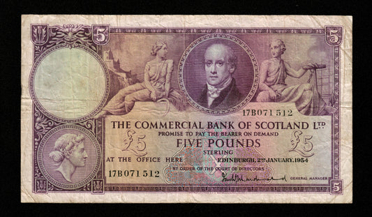 ÉCOSSE - Commercial Bank of Scotland, 5 Pounds 1954 Pick S333 TB / Fine