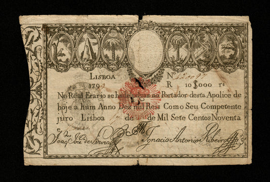 PORTUGAL - 10000 Reis 1799 (Red Seal D. MIGUEL I - 1828) Pick 41a B / Good