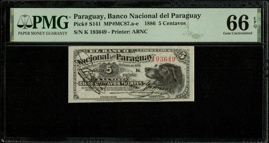 PARAGUAY - 5 Centavos Fuertes 1886 Pick S141a NEUF / PMG Gem Unc 66 EPQ TOP POP (1/7)