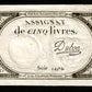 FRANCE - Assignat, 5 Livres 1793 (10 brumaire an 2) Ass.46a Pick A76 Sign. Duboc SUP+ / XF+