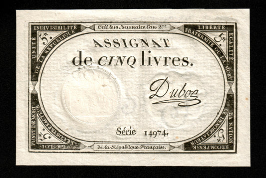 FRANCE - Assignat, 5 Livres 1793 (10 brumaire an 2) Ass.46a Pick A76 Sign. Duboc SUP+ / XF+