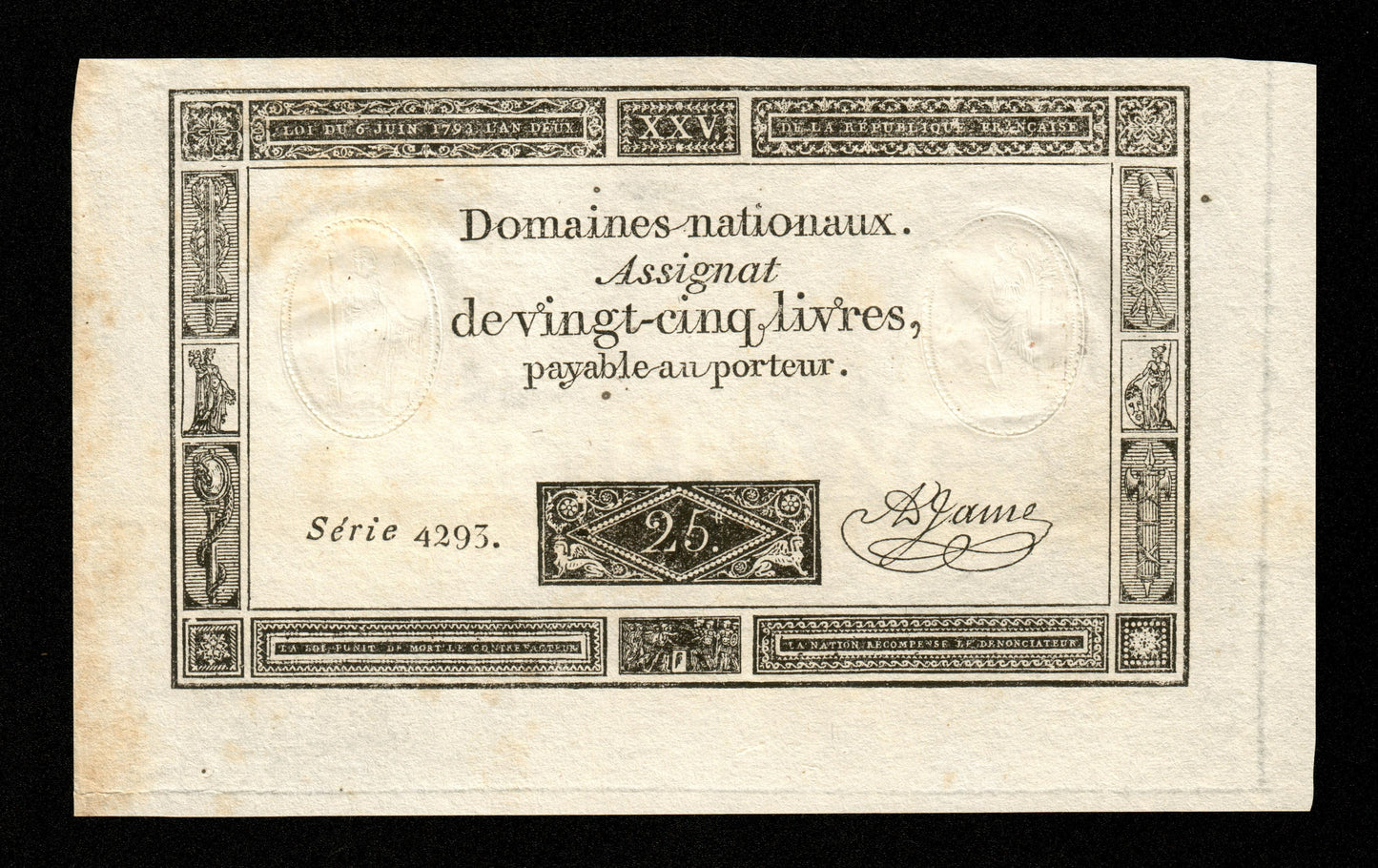 FRANCE - Assignat, 25 Livres 1793 Ass.43b Série 4293 Pick A71 pr.NEUF / UNC-