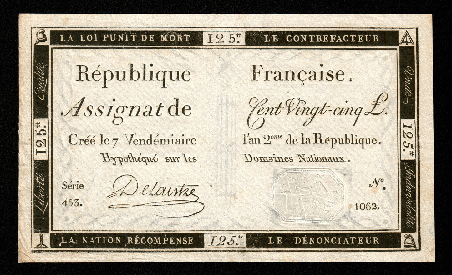 FRANCE - Assignat, 125 Livres 1793 (7 Vendémiaire an 2) Ass.44a Sign. Delaistre Pick A74 SUP / XF