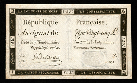 FRANCE - Assignat, 125 Livres 1793 (7 Vendémiaire an 2) Ass.44a Sign. Delaistre Pick A74 SUP / XF