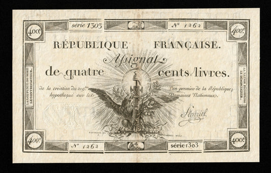 FRANCE - Assignat, 400 Livres 1792 Ass.38a Pick A73 Sign. Fleuriel TTB+ / VF+