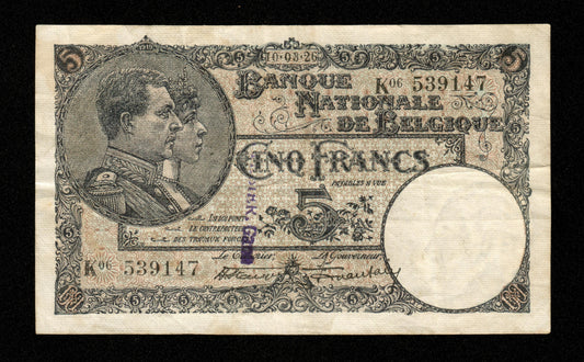 BELGIQUE - BELGIUM - 5 Francs 1926 Pick 93 Tampon TTB / VF