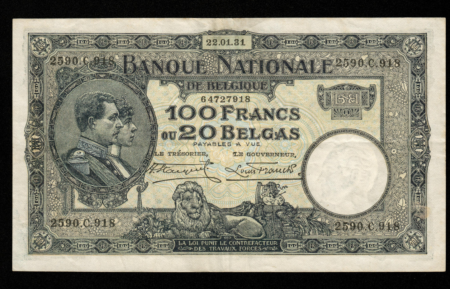 BELGIQUE - BELGIUM - 100 Francs = 20 Belgas 1931 Pick 102 TTB / VF