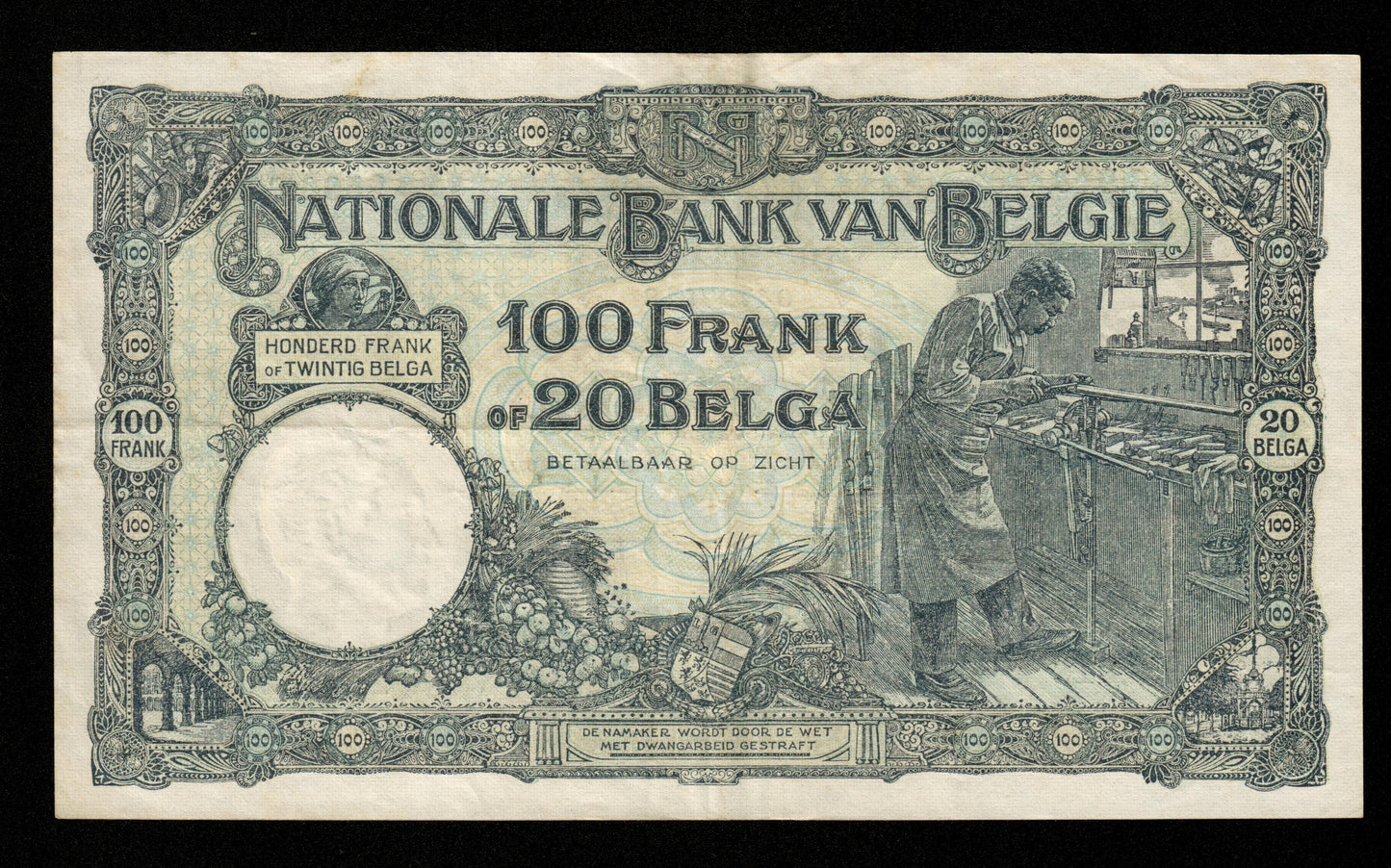 BELGIQUE - BELGIUM - 100 Francs = 20 Belgas 1931 Pick 102 TTB / VF