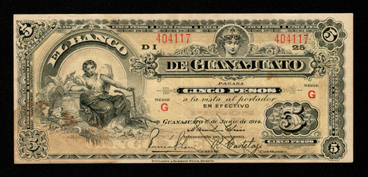 MEXIQUE - MEXICO - Banco de Guanajuato, 5 Pesos 1914 Pick S296 TTB / VF