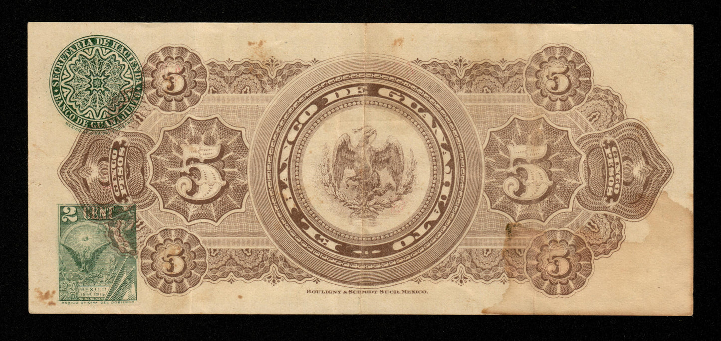 MEXIQUE - MEXICO - Banco de Guanajuato, 5 Pesos 1914 Pick S296 TTB / VF