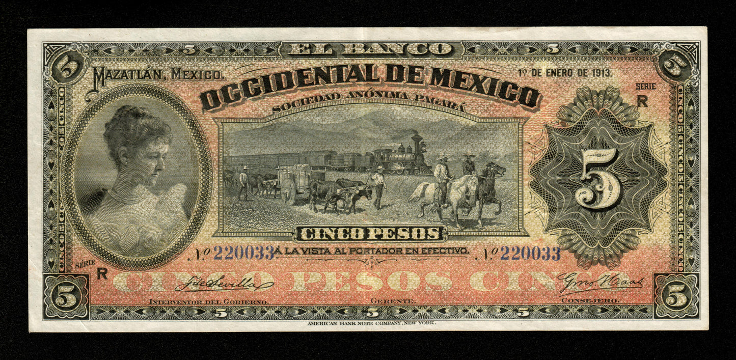 MEXIQUE - Banco Occidental de Mexico, 5 Pesos 1913 Pick S408d TTB / VF