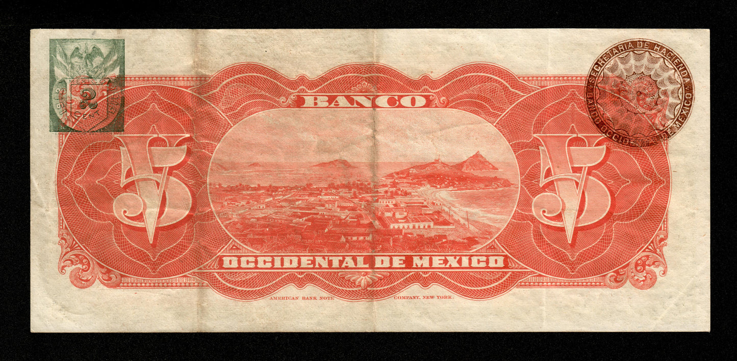 MEXIQUE - Banco Occidental de Mexico, 5 Pesos 1913 Pick S408d TTB / VF