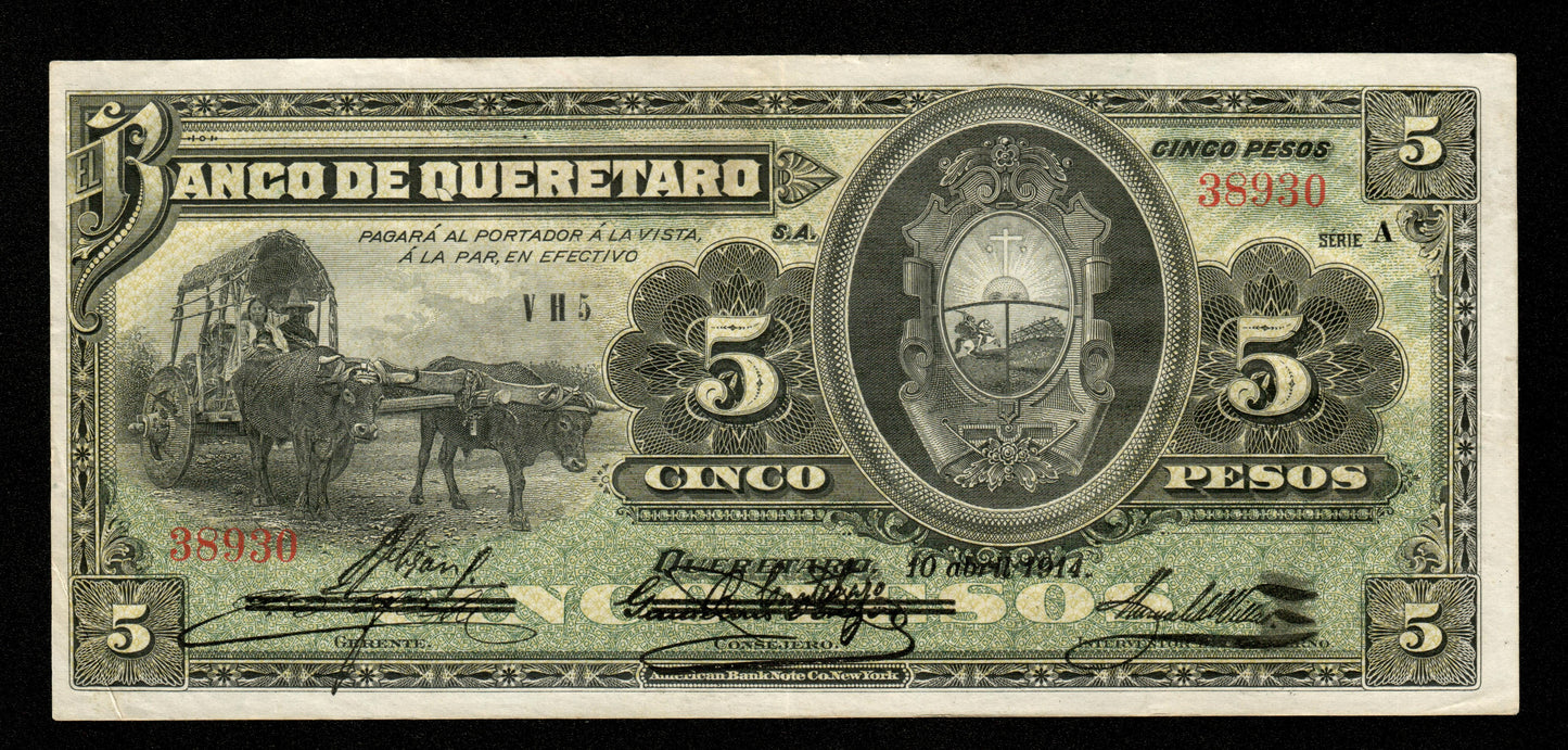 MEXIQUE - Banco de Queretaro, 5 Pesos 1914 Pick S390b TTB+ / VF+