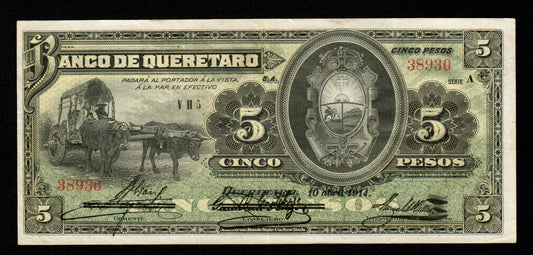 MEXIQUE - Banco de Queretaro, 5 Pesos 1914 Pick S390b TTB+ / VF+