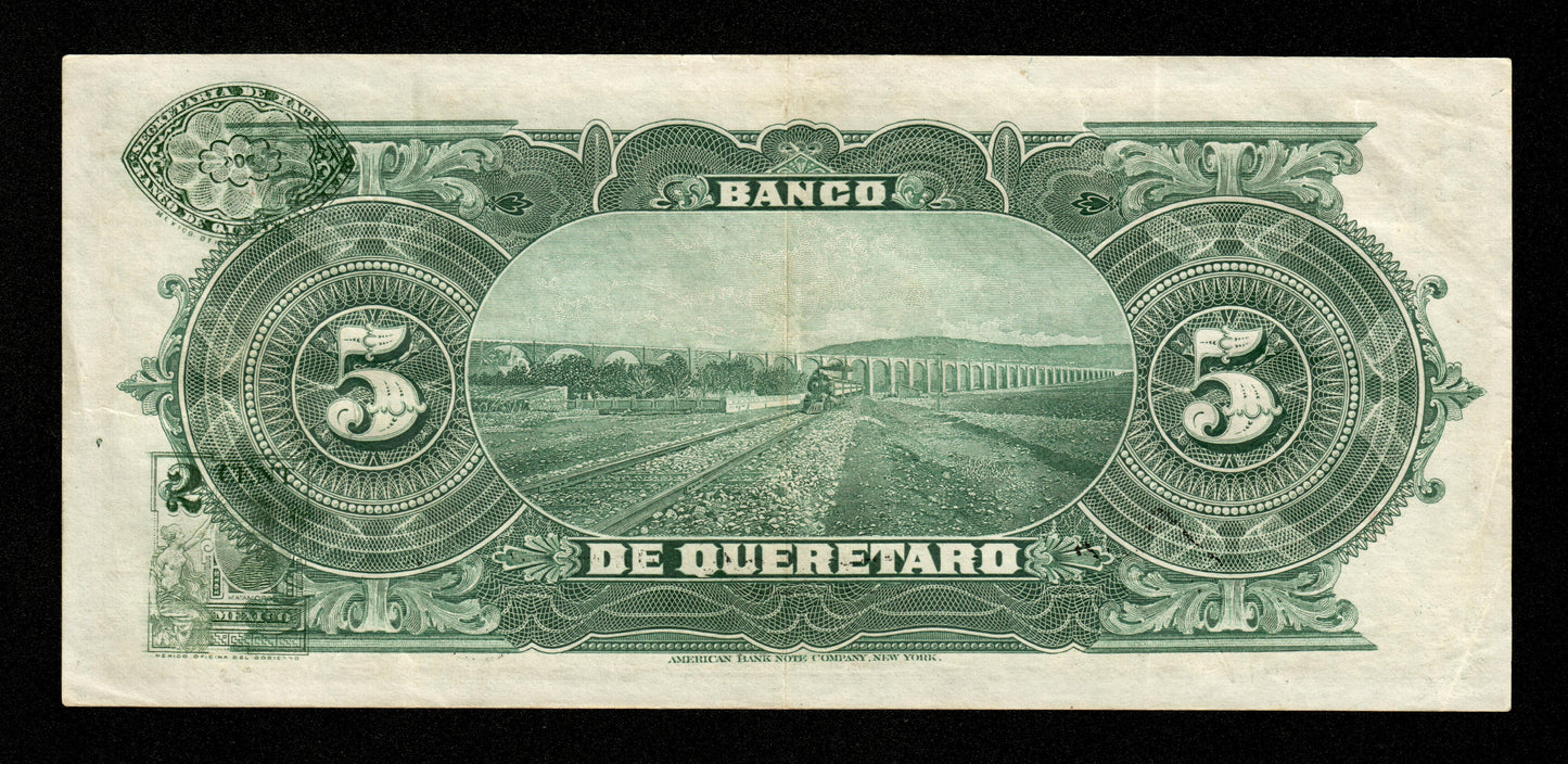 MEXIQUE - Banco de Queretaro, 5 Pesos 1914 Pick S390b TTB+ / VF+