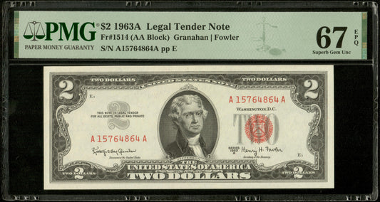 ÉTATS UNIS - USA - 2 Dollars $2 1963A Pick 382b FR1514 Sceau rouge. Legal Tender. Fowler PMG 67 EPQ