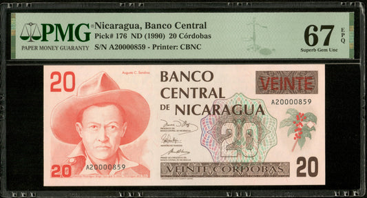 NICARAGUA - 20 Cordobas (1990) Pick 176 NEUF / PMG Superb Gem Unc 67 EPQ