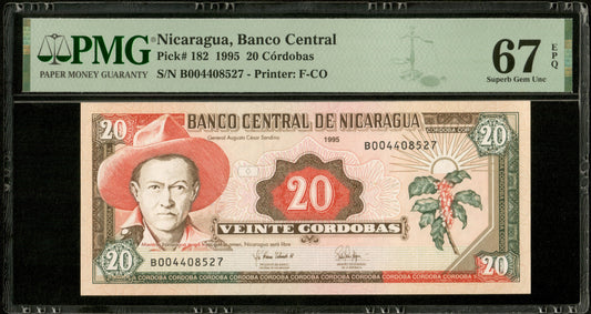 NICARAGUA - 20 Cordobas 1995 Pick 182 NEUF / PMG Superb Gem Unc 67 EPQ