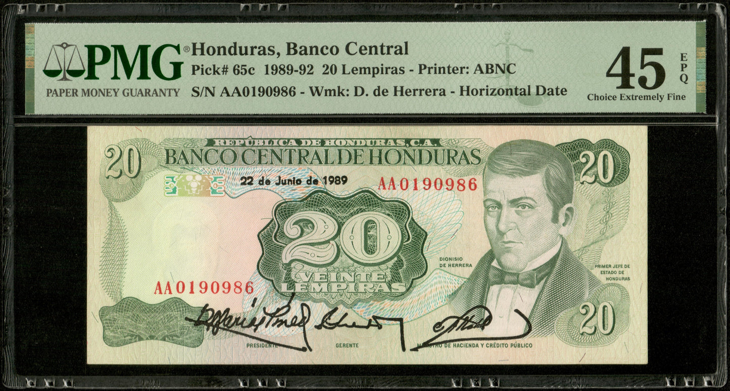 HONDURAS - 20 Lempiras 1989 Pick 65c Series AA PMG Choice XF 45 EPQ